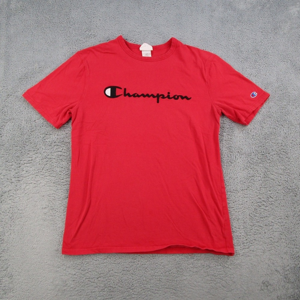 Champion Mens T-Shirt Large Red Cotton Script Logo Short Sleeve Tee T1919G